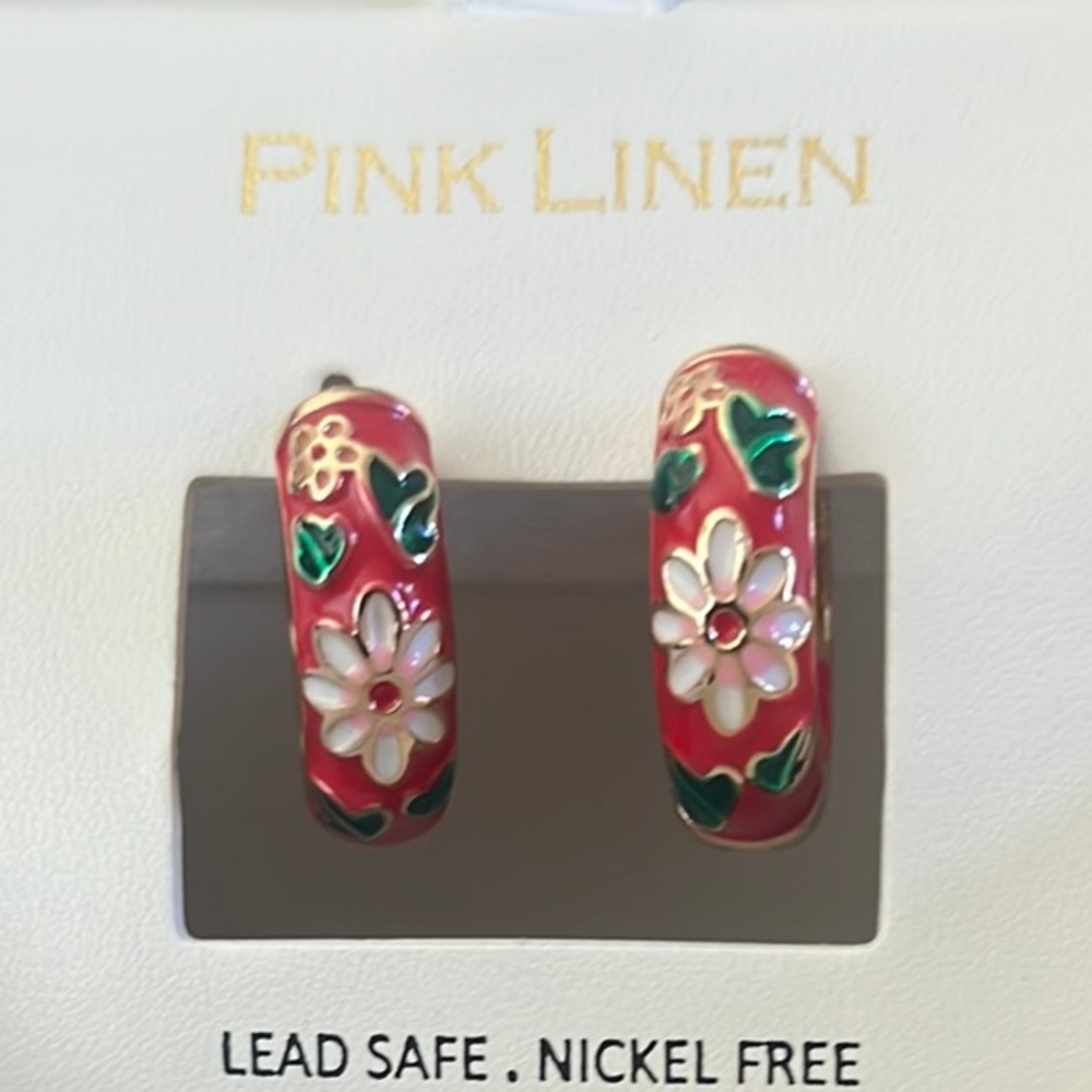 Pink Linen Red Floral Enamel Hoop Earrings